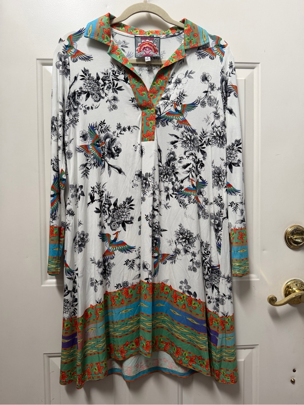 Johnny Was Bird Print The Janie Favorite 3/4 Sleeve Polo Swing Mini Dress XS